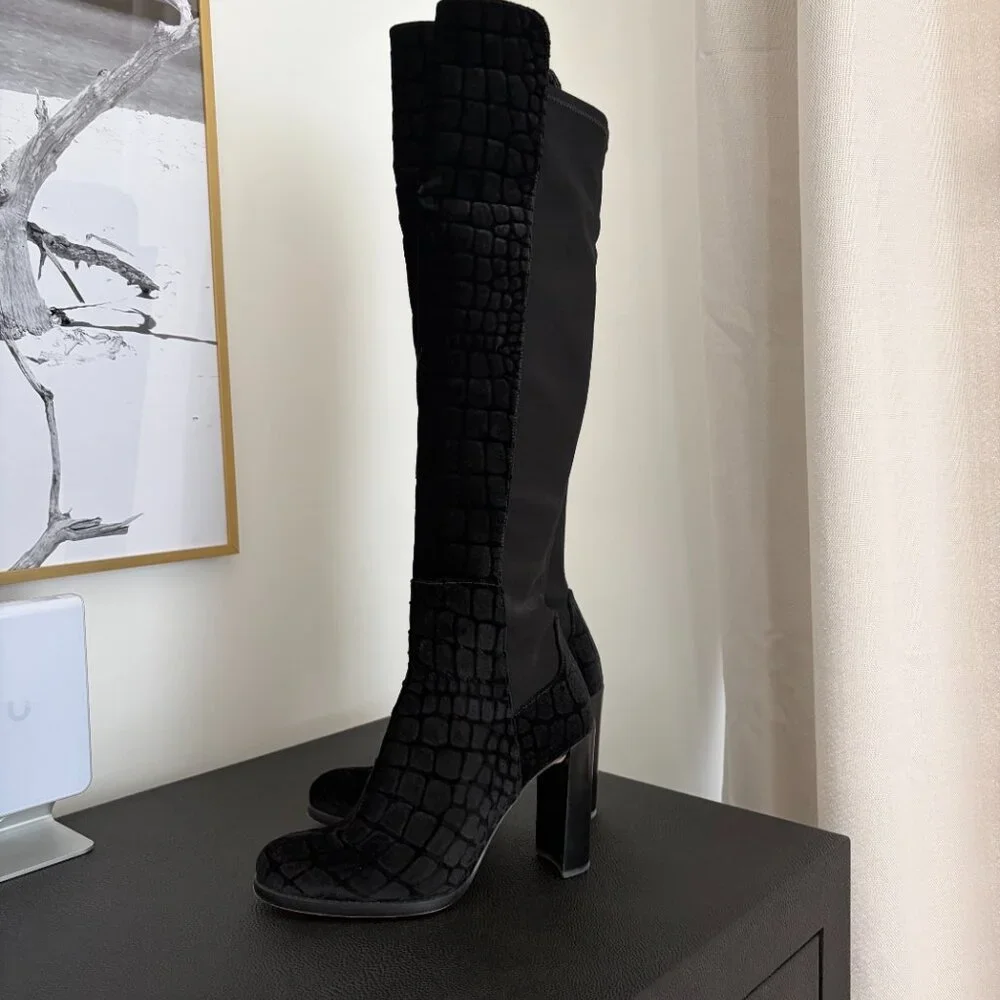 Stuart Weitzman Croc-Embossed Stretch Knee-High Suede Boots in Black Size 8 US